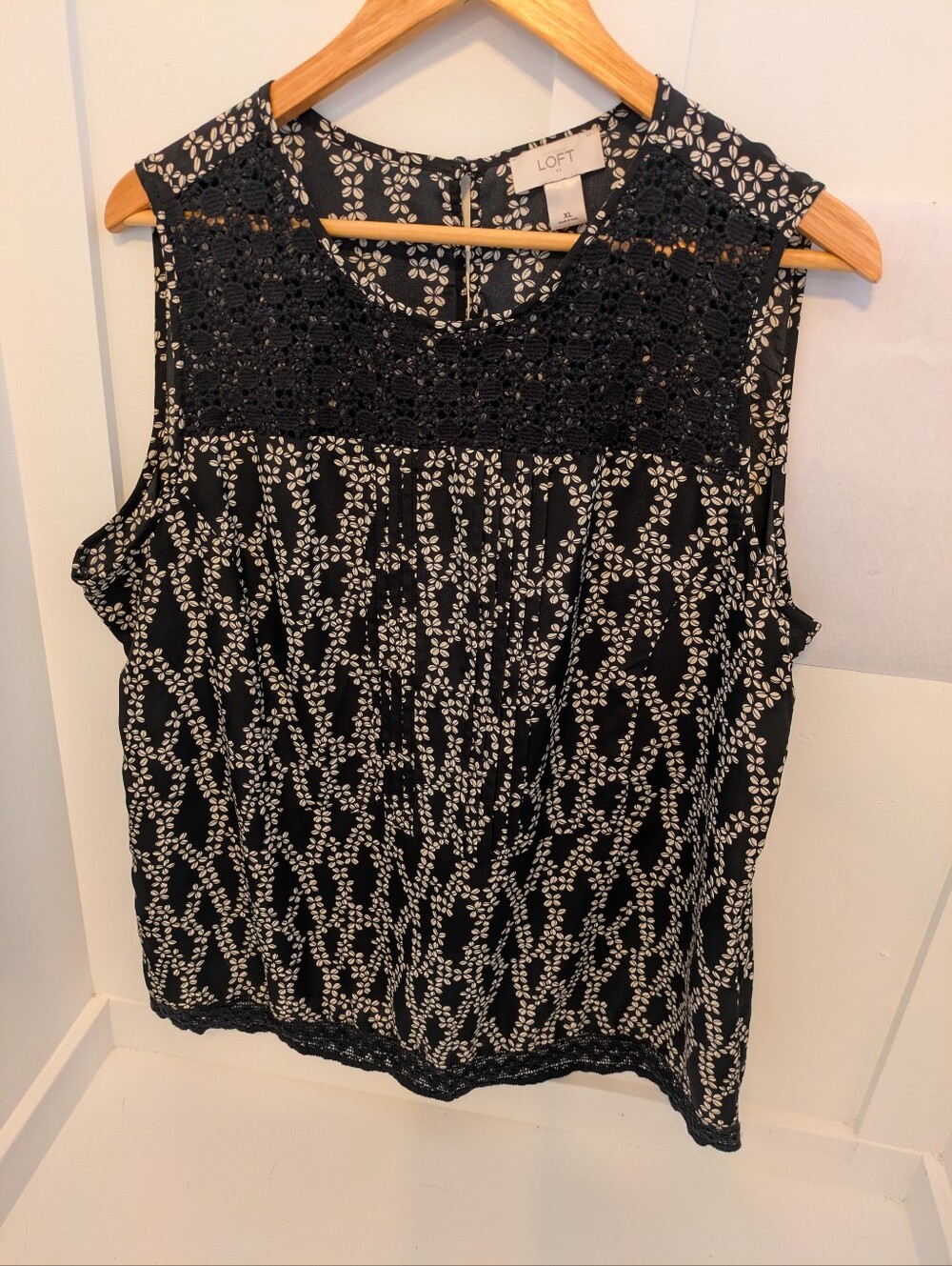 LOFT Navy Floral Pleated Top with White Petal Print